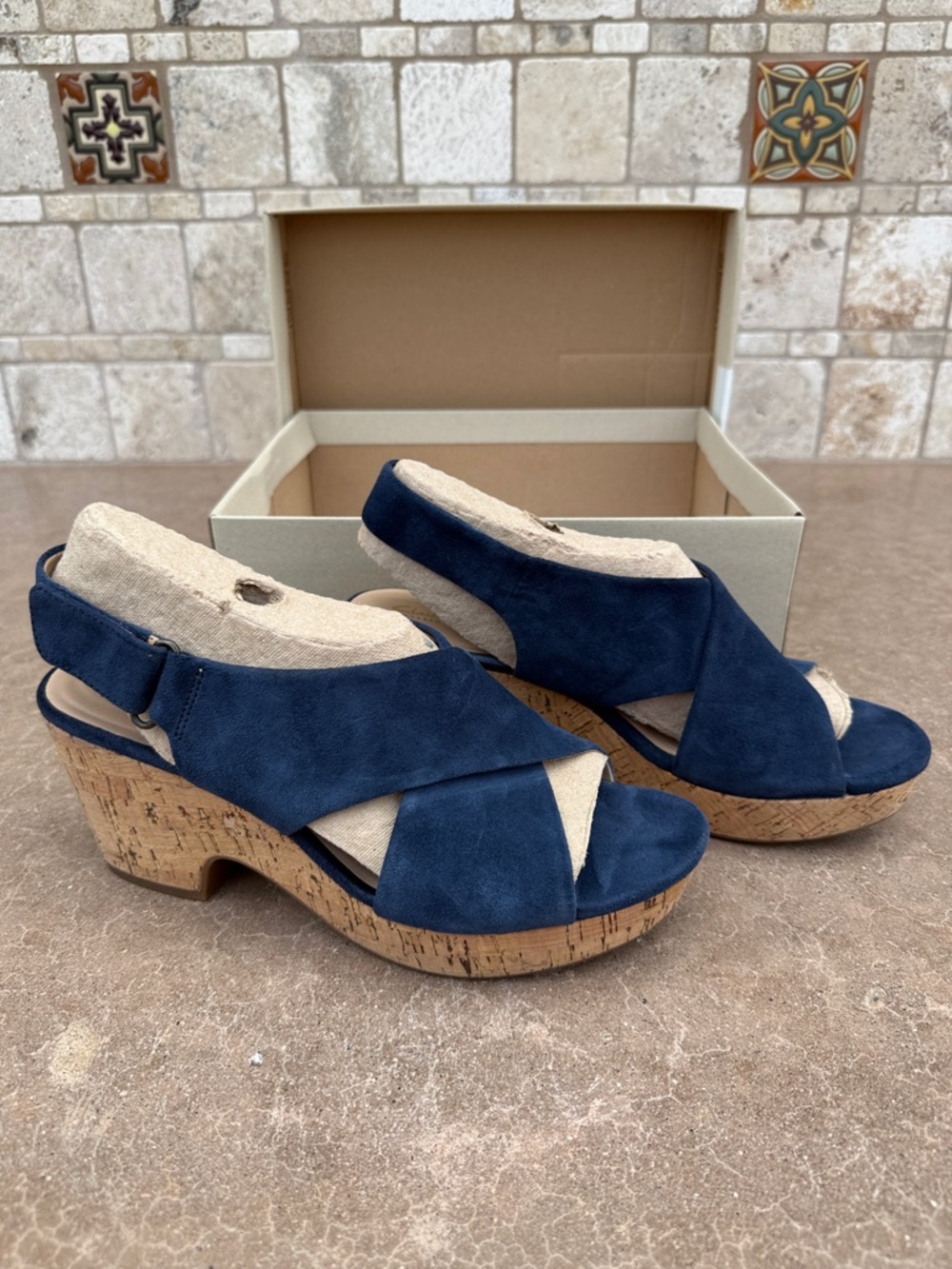 Clarks Navy Suede Cork Wedge Sandals size 10